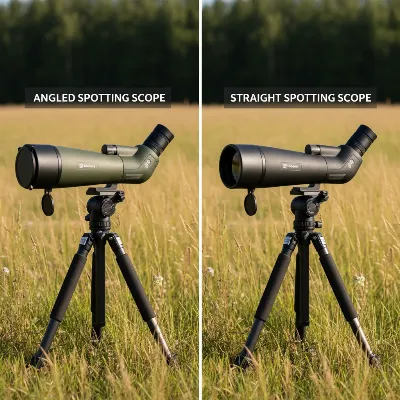 Angled (left) and straight (right) spotting scopes on tripods, illustrating their different eyepiece positions for varied viewing comfort.