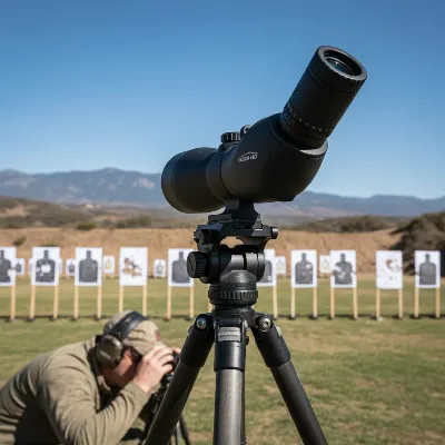High-performance spotting scope on a sturdy tripod at an outdoor shooting range, with a shooter in the foreground. Focus on crisp optics and distant targets under clear skies.