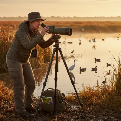 A birder using an angled spotting scope on a tripod, observing birds in a wetland landscape at sunrise.