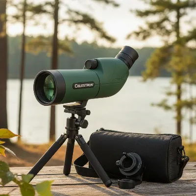 Celestron Ultima 80 Angled Spotting Scope with accessories for nature observation.