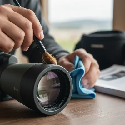 A person gently cleaning the objective lens of a spotting scope with a soft brush and a microfiber cloth in a clean, well-lit environment. Emphasize care and precision in the action.