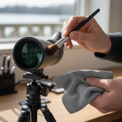 A person carefully cleaning the objective lens of a spotting scope with a soft brush and microfiber cloth, highlighting proper maintenance.