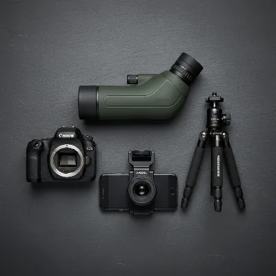 Essential gear for digiscoping: spotting scope, camera, T-ring, and various adapters.