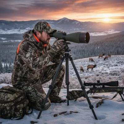 An elk hunter uses a spotting scope on a tripod to observe distant elk in a vast, mountainous landscape during dawn.
