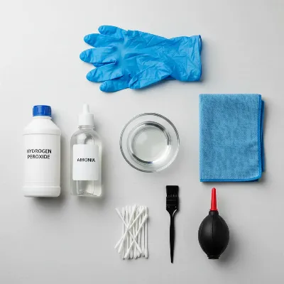 Essential tools for safe DIY fungus removal from spotting scope lenses including gloves, cleaning solution, and microfiber cloth.