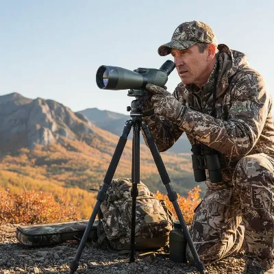 A hunter adjusts a spotting scope on a lightweight tripod, surrounded by essential hunting gear in a rugged, autumnal mountain setting.