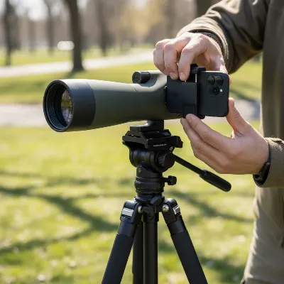 A person attaching a smartphone to a spotting scope eyepiece using a universal adapter on a tripod.