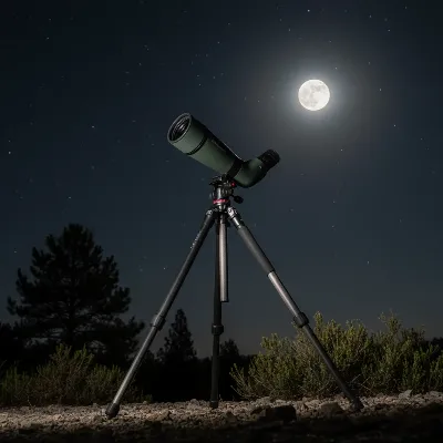 A high-quality spotting scope setup on a sturdy tripod under a starry night sky, pointing towards the Moon or a bright planet. The scope should look sleek and modern, emphasizing its astronomical use.