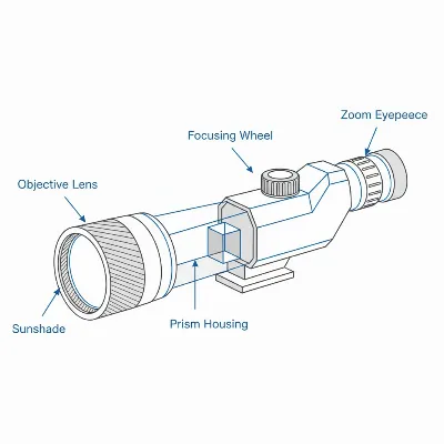 Detailed diagram highlighting key features of a spotting scope like objective lens, eyepiece, and focus wheel.