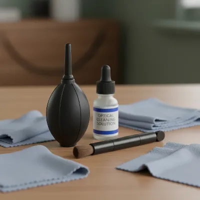 Essential tools for safe spotting scope lens cleaning, including an air blower, lens brush, and microfiber cloth