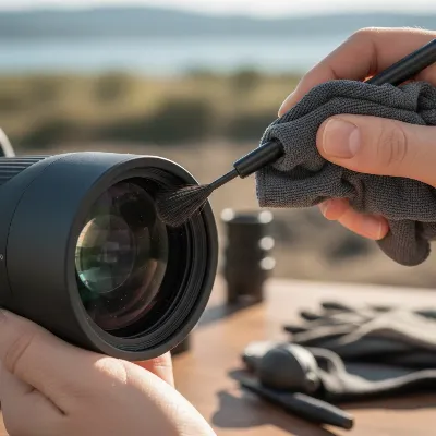 Hand cleaning the objective lens of a spotting scope with a specialized lens pen and microfiber cloth. Emphasis on careful optical maintenance in a clean environment.