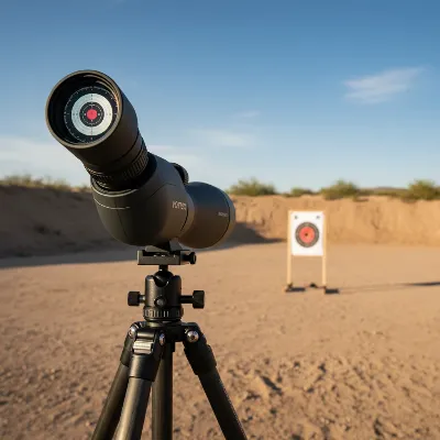 Vortex Razor HD spotting scope with its ranging reticle eyepiece attached, positioned on a carbon fiber tripod on a shooting range, focused on a distant target. Editorial product photography style.