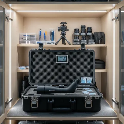 A pristine spotting scope neatly placed in a dedicated, climate-controlled storage cabinet with a hygrometer, silica gel packets, and other well-organized optics accessories, showcasing proper winter storage.